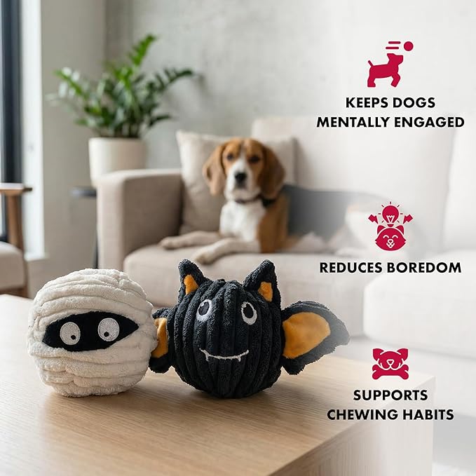 Pet Lou Batmmy EZ Squeaky Ball Dog Toy, Twin Pack (4"), Bat & Mummy Head, Durable Plush Dog Squeaker Toys, Stuffing-Free Pet Supplies for Small & Medium Dogs