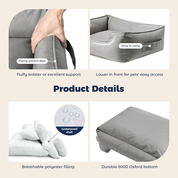 Miguel Waterproof Outdoor Dog Bed for Medium Small Dogs, Oxford Pet Bed Tough with Sides Easy Clean, All Weather Rectangle Puppy Bed with Removable Cover Bolster Bed Scratch Resistant 30 inches