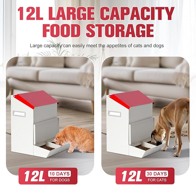Automatic Cat Feeder 2 Cats,12L Automatic Pet Feeders Large Capacity Outdoor Galvanized Steel Multiple Cats Feeder Gravity Dog Dry Food Dispenser with Lid