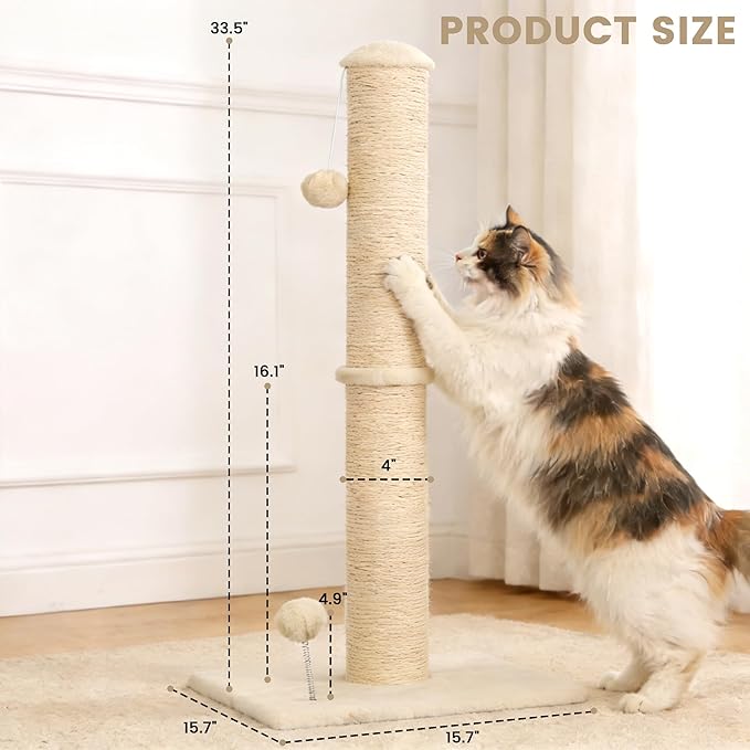33" Tall Cat Scratching Post, 3-in-1 Durable Sisal Vertical Cat Scratcher Post with Hanging Ball, Sturdy Cat Scratch Pole with Soft Fabric Base for Indoor Cats at All Ages, Beige