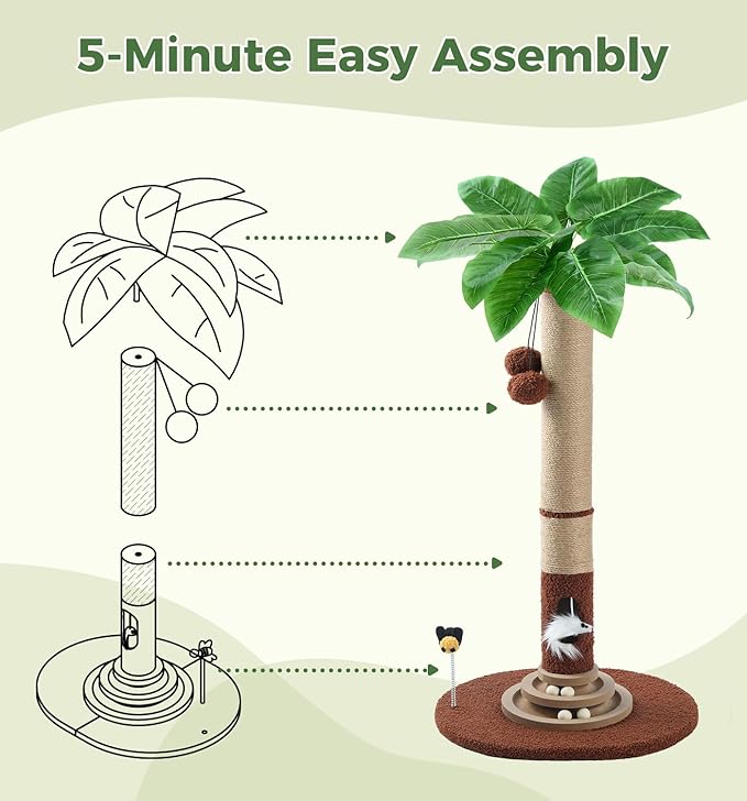 Made4Pets 35" Tall Cat Scratching Post with Sisal Rope, Interactive Hanging Balls, Toy Mouse and Two-Layer Ball Track Cat Toys, Palm Tree Cat Scratcher Tower for Indoor Cats and Kittens