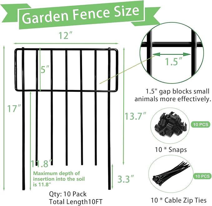 10 Pack Animal Barrier, No Dig Decorative Fence, 17in(H) x10ft(L) Rustproof Metal Small Garden Fence Border for Dogs Rabbits, Bottom Blocker for Outdoor Yard Patio