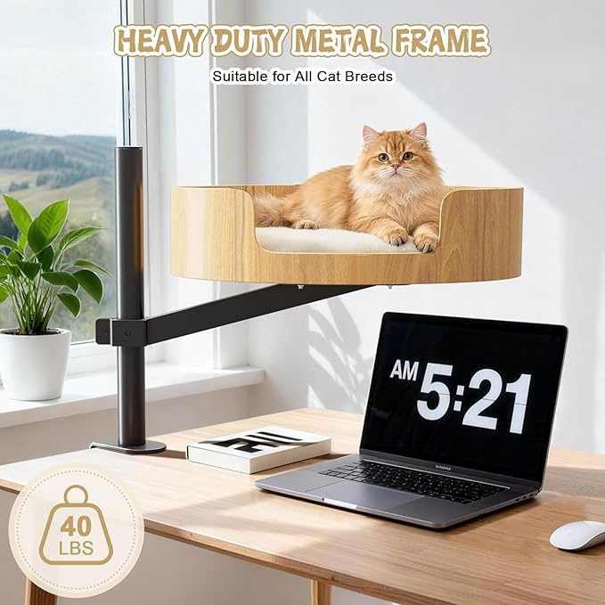 Cat Desk Bed – Cat Bed for Indoor Cats with Adjustable Height&360° Rotation, Elevated Desk Cats Beds for Table, Desktop Cat's Hammock for Small Space, Wooden Cat's Bed Desktop Kitten