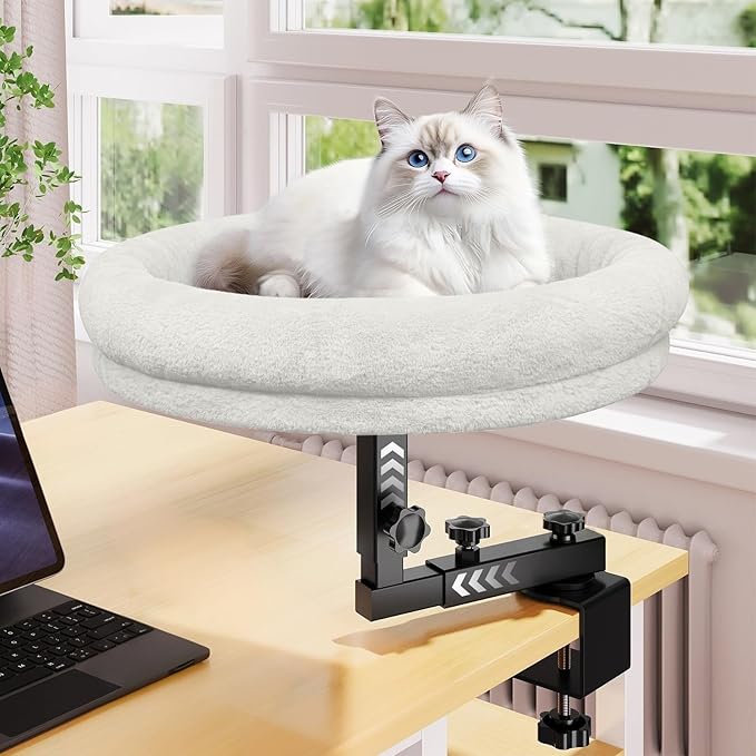 Large Cat Desk Bed, 360°Rotating & Adjustable Shelf, 18" Thickening Cat Bed for Desk, Soft Faux Fur with Mat, Suitable for Various Desktops - Maximum Hold Up to 50lb (White)
