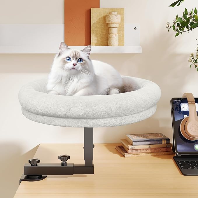 Large Cat Desk Bed, 360°Rotating & Adjustable Shelf, 18" Thickening Cat Bed for Desk, Soft Faux Fur with Mat, Suitable for Various Desktops - Maximum Hold Up to 50lb (White)