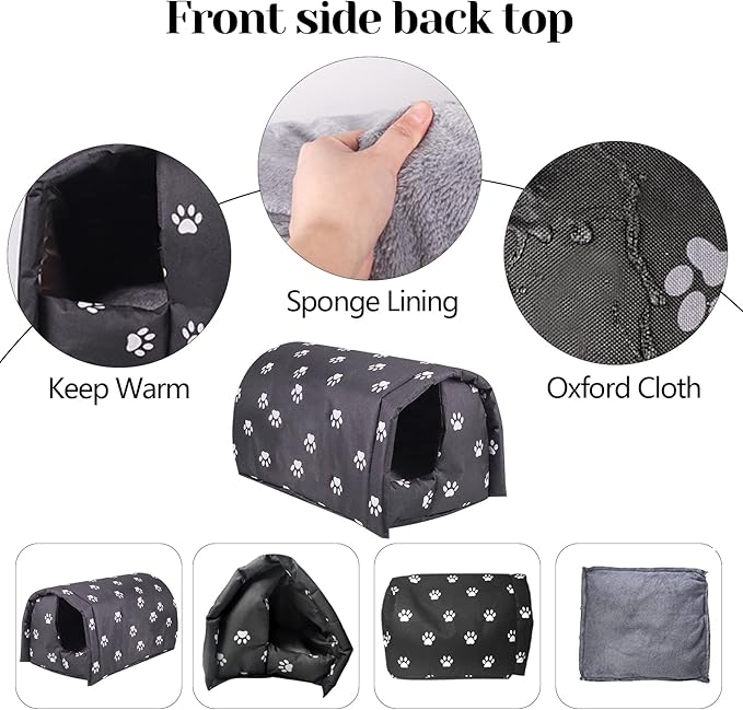 Fhiny Stray Cats Shelter, Waterproof Outdoor Cat House Foldable Warm Pet Cave for Winter Wild Animal Tent Bed Anti-Slip Kitten Cave for Feral Cat Dog Puppy Weatherproof Black (M:17.7"×15.7"×13.7")