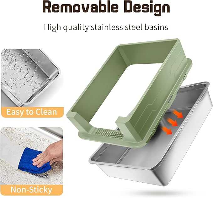 Extra Large Stainless Steel Litter Box, XXXL 27.6" H x 19.7" W x 11.8" H Metal High Sided Cat Litter Box with Scoop, Leak-Proof, Easy Clean for Big Cats/Multiple Cats (Green)
