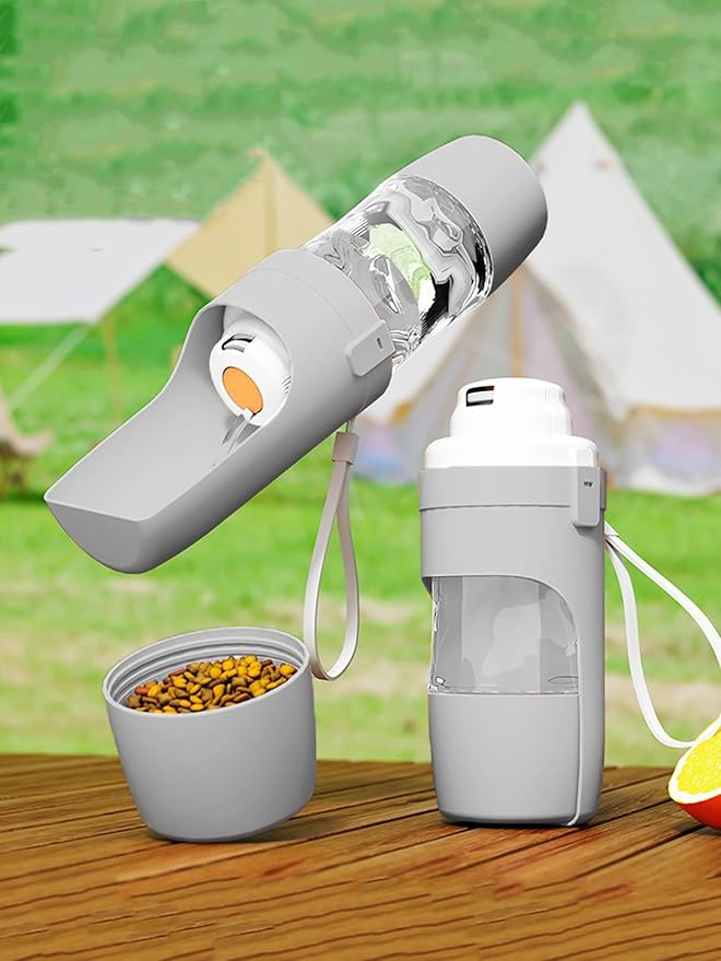 Portable Dog Cat Water Bottle with Storage Food and Water Container for Puppy Pets Dogs Feeder Bowl Outdoor Travel Pet Supplies (Grey)