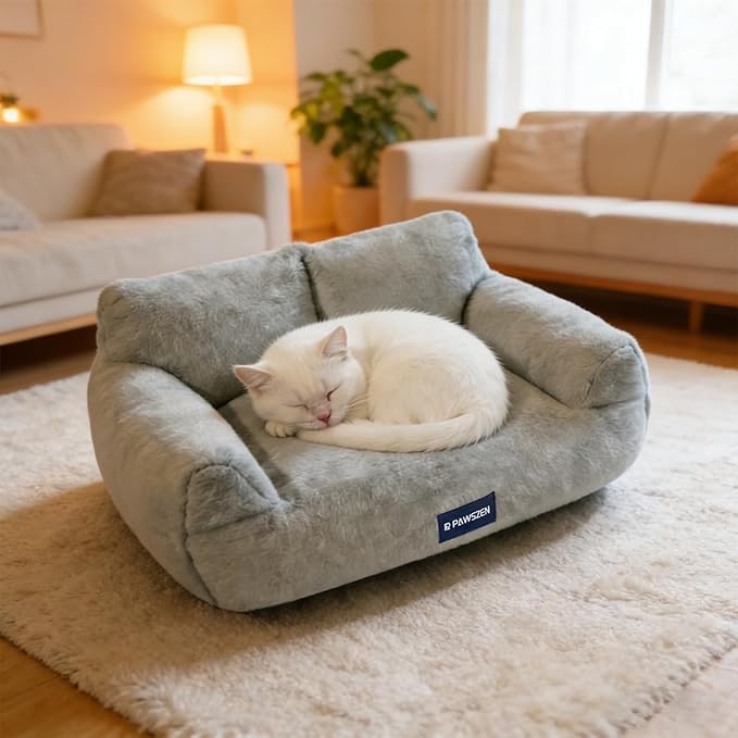 Plush Cat Bed, Cat Beds for Indoor Cats with Removable & Washable Cover, Anti Slip Base Cat Couch for Small Medium Cats & Dogs, High-Supportive Cat Beds That Won’t Flatten Even After Long-Term Use