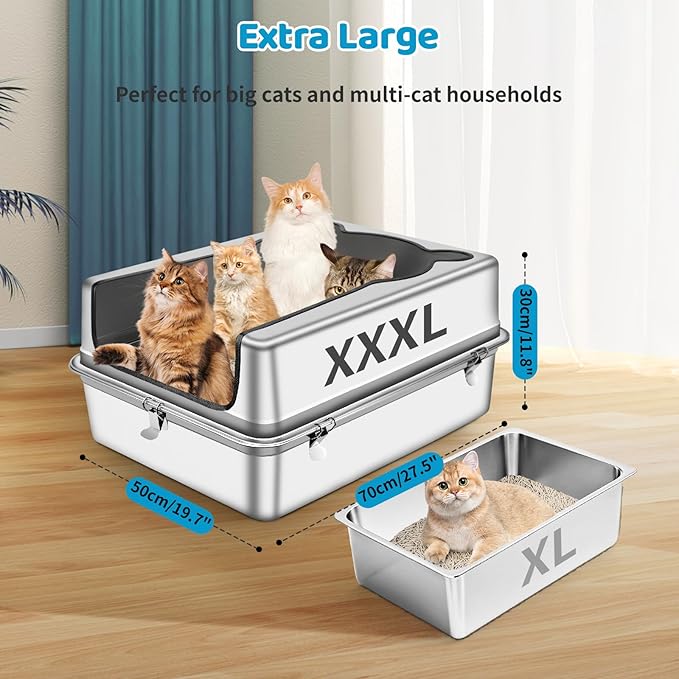 Extra Large Stainless Steel Cat Litter Box, 27.5" L x 19.7" W x 12" H XXXL Semi Enclosed Removable Metal Litter Tray with High Sided Enclosure, Scoop, Anti-Leakage, Non-Sticky, Easy Cleaning