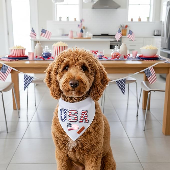 PTDECOR American Flag Dog Bandana, White USA Flag 4th of July Pet Scarf, Premium Durable Fabric, Reversible Triangle Patriotic Bandanas for Medium Large Dogs Pets (Large)