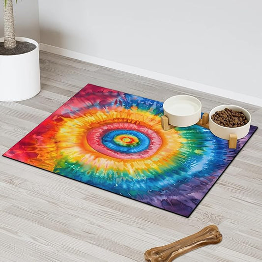 Tie Dye Dog Food Mat for Floors Absorbent, Quick Dry Water Dispenser Mat for Food, Water, Pet Supplies 24" x 32", Colorful Rainbow