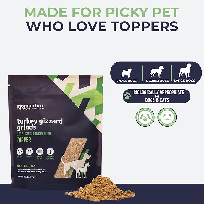 Momentum Carnivore Nutrition Freeze-Dried Turkey Gizzard Pet Food Topper – Single-Ingredient, All-Natural Topper – High-Protein for Dogs and Cats, Grain-Free and Made in The USA– (3.75 oz Bag)