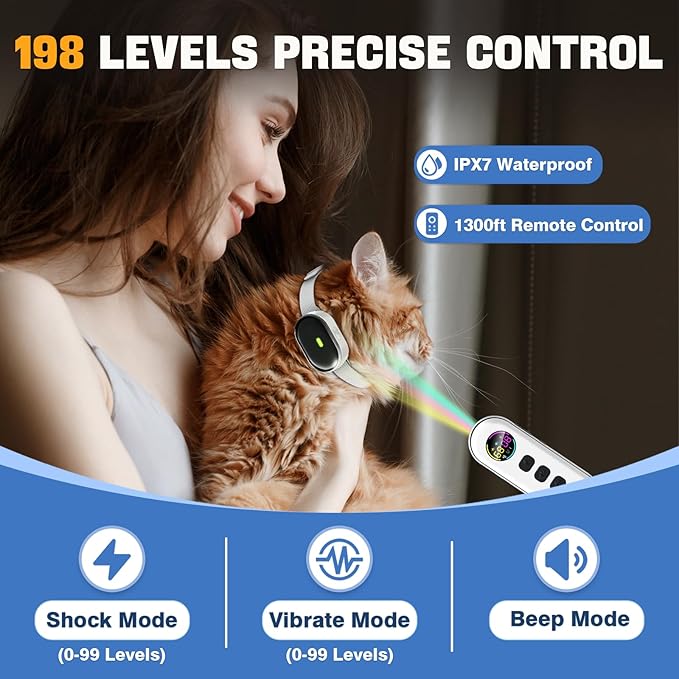 Ultra-Small Cat Training Collar, Ultra-Light & Thin Cat Shock Collar with 1300ft Remote, 198-Level Precise Control, Designed for Cats & Small Dogs, Waterproof, Rechargeable (White)