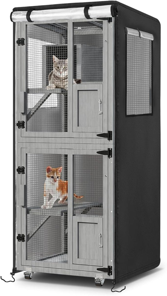 Catio Cover,26"L x 25"W x 63"H Cover for Catio Outdoor Cat Enclosure Waterproof, 420D Cat Cage Covers for TRYKERPET 4 Tiers Catios, Outdoor Cats Enclosure Covers(Black)(Catios Not Included)