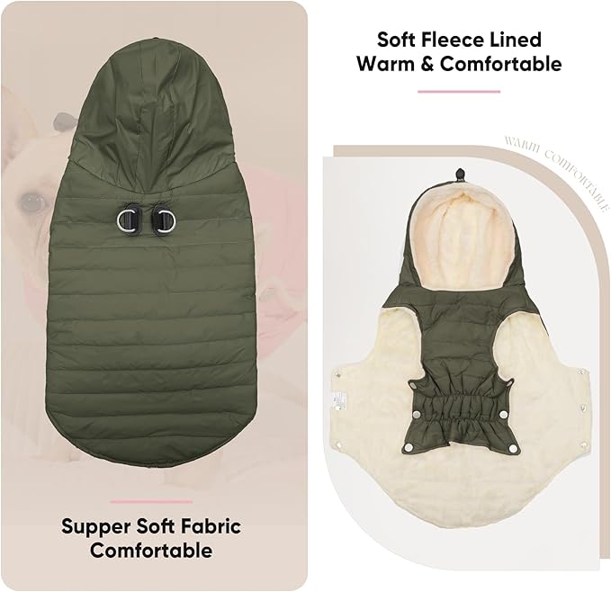 Fleece Lining Dog Hoodie with Harness Built in,Extra Warm Small Dog Jacket in Winter Puppy Coats with Drawstring Hooded,Green S