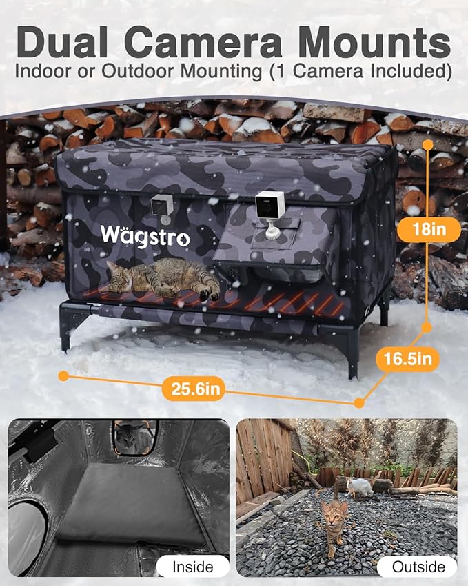Heated Cat House for Outside with Smart Pet Camera, Highly Elevated with Escape Door, Insulated Waterproof Outdoor Cat House Shelter for Feral Stray Barn Cat (Camo Black, 25.6"x16.5"x18.5")