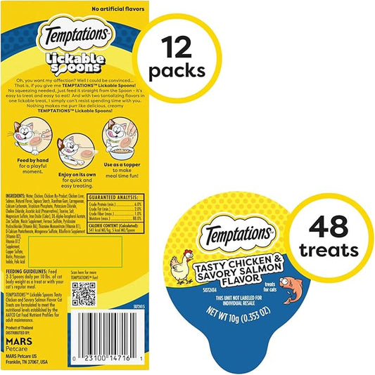 Temptations Lickable Spoons, Soft Lickable Cat Treats, Adult Wet Cat Treats, Tasty Chicken and Savory Salmon Flavor, 4 Spoons, Pack of 12 (48 Total)