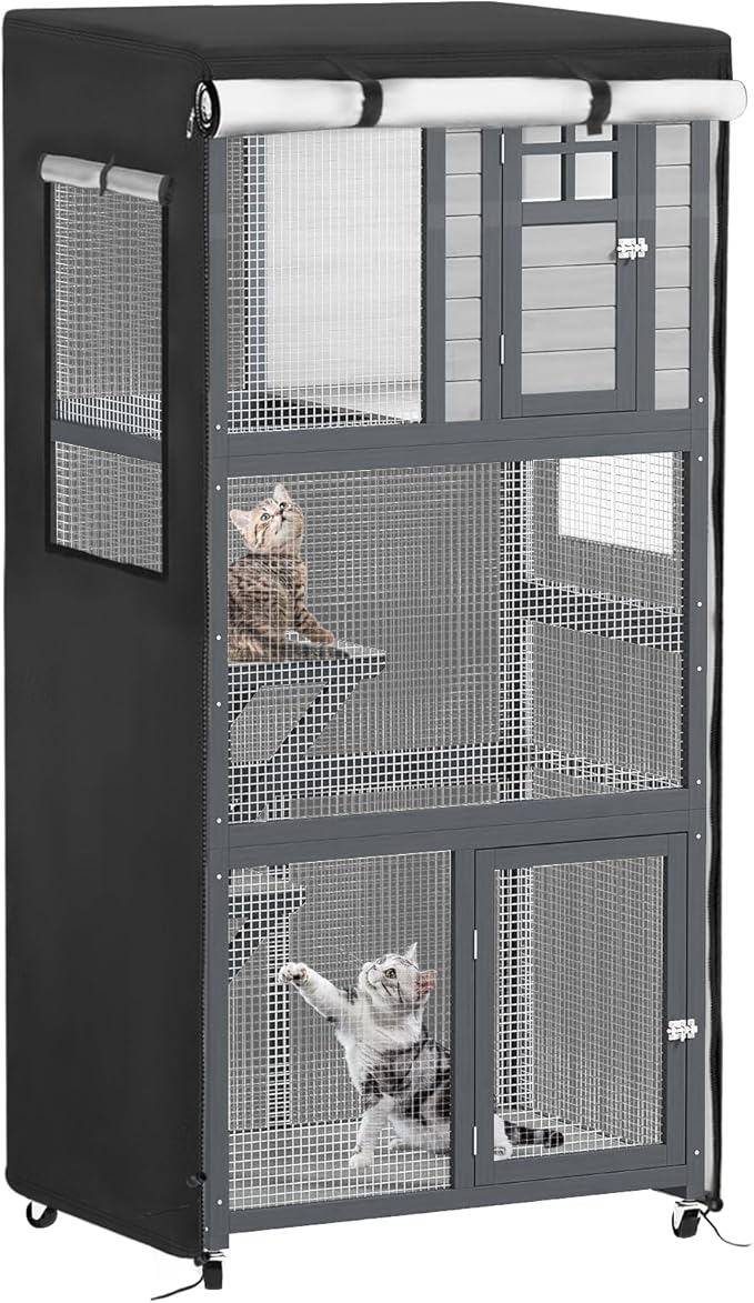 Catio Cover,37.5"L x 27"W x 74.5"H Cover for Catio Outdoor Cat Enclosure Waterproof, 420D Cat Cage Covers for PawHut Wooden Catios, Outdoor Cats Enclosure Covers(Black)(Catios Not Included)