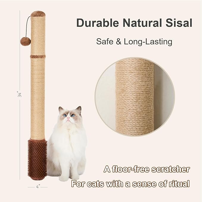Wall Mounted Cat Scratcher, 34” Extra-Tall Vertical Sisal Scratching Post for Large Cats, Space-Saving Wall Cat Scratcher with Self Grooming Brush & Hanging Ball, Brown