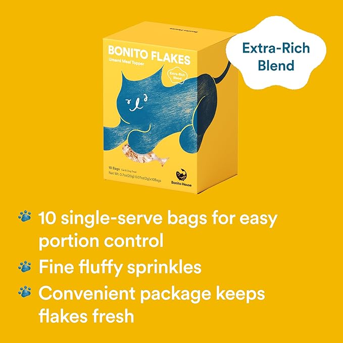 Meal Topper Bonito Flakes for Cats & Dogs – 100% Wild-Caught, High-Protein, All-Natural Topper – No Additive, Grain-Free – Extra Rich Blend – 10 Bags Total, 0.7oz