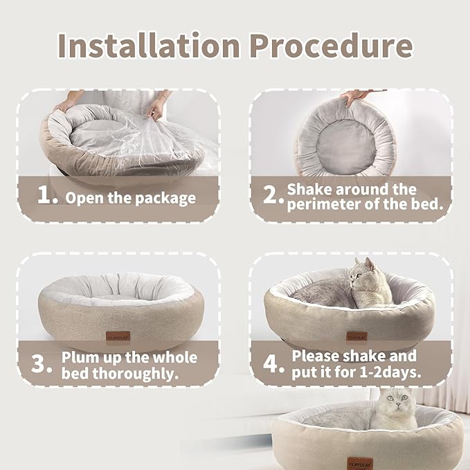 CLAYCLAY Cozy Round Cat Bed – Soft, Comfortable Cushion for Cats & Kittens – Non-Slip, Machine Washable, Plush Sleep Bed for Cats, Ideal for Resting & Napping up to 30lbs