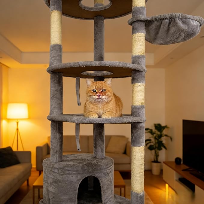 78.8 Inches Cat Tower for Indoor Cats, Cute Cat Tree with Cozy Condo, Platform, Hammock, Sisal Scratch Board and Interactive Toy (Dark Gray)