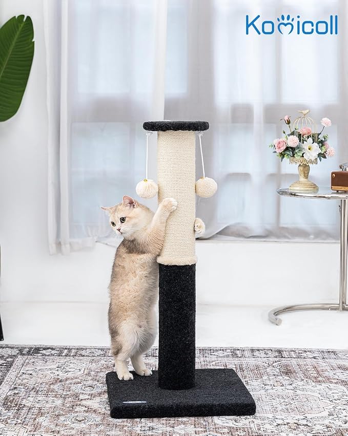 34-Inch Tall Cat Scratching Post for Indoor Cats, Komicoll Large Scratch Post, Sisal Cat Scratcher, Sturdy and Durable Cat Post with Hanging Ball