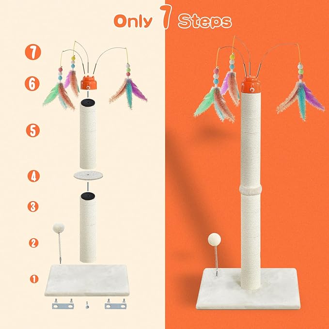 Cat Scratching Post ，33.4" Tall Automatic Teaser Wand Scratching Post with Sisal Rope，Interactive Automatic Rotating Hanging Balls Cat Toys for Indoor Cats