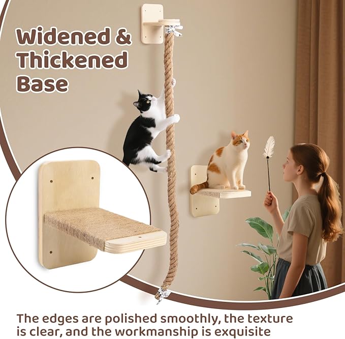 Cat Climbing Wall, Wall Mounted Cat Ladder, Cats Climbings Pole with 59in Climbing Rope, Larger and Wider Base Cats Ladder for Walls with Scratching Post (1.5m/59in Long)