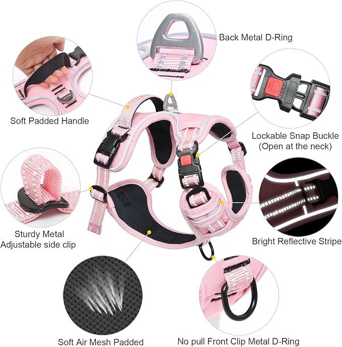 Timos Dog Harness Large Sized, No Pull Pet Harness with Neck Lockable Snap,No Choke Front Clip Dog Reflective Vest,Adjustable Metal Rings 3 Buckles,Easy Control Handle for Large Dogs Pink XL