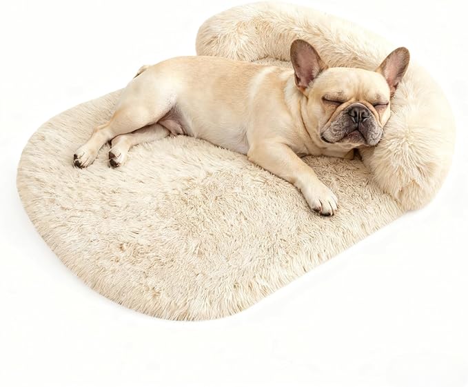 Calming Dog Beds for Medium Large Dogs, Orthopedic Cushion Plush Dogs Lounge Couch Sofa with Washable Removable Cover, Anti-Anxiety Soft Faux Fur Fits up to 40 lbs Pets (Oval, Beige 32"x24")
