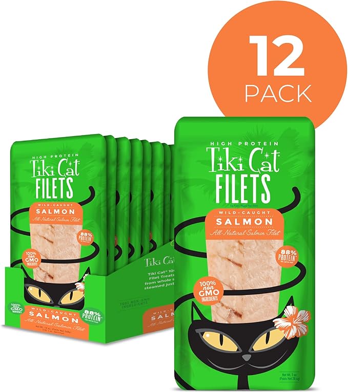 Tiki Cat Filet, All Natural Wild Caught Salmon, Single Ingredient High Moisture Non-GMO Wet Cat Food Topper, for All Life Stages, 1 oz. Pouch (Pack of 12)