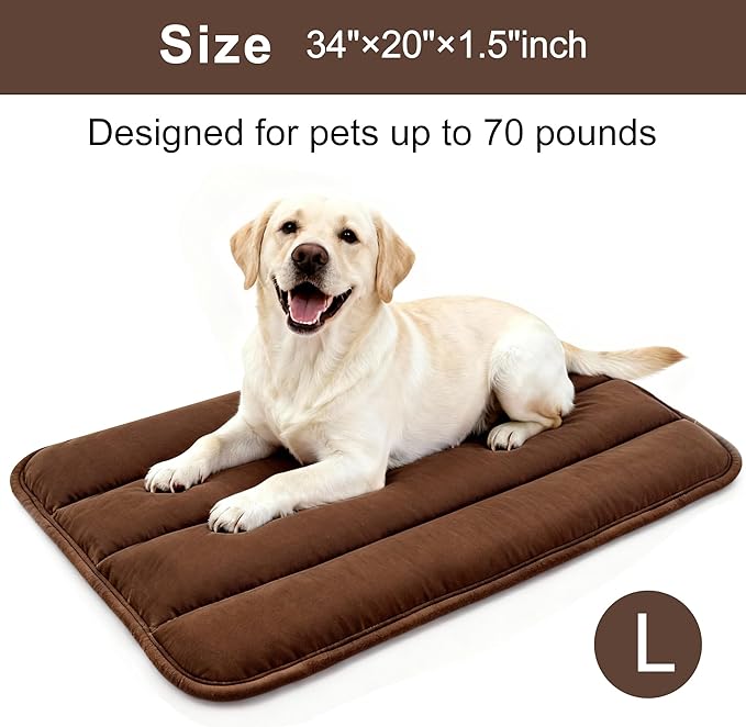 Dog Bed Mat, Reversible Dog Crate Pad with Washable Kennel Mat and Soft Foam, Flat Pet Bed for Dogs & Cats, for Crates Carriers & Travel (Dark Brown, 34" L*20" W*1.5" Th)