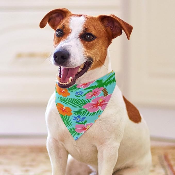 Dog Bandana Spring Pet Scarf Adjustable Triangle Tropical Flower Print Printing Dog Bib Washable Polyester Puppy Bandana for Small Medium Large Dogs Cat Birthday Party Supplies