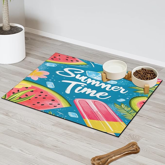 Summer Watermelon Dog Food Mat for Floors Absorbent Dog Bowl Mat for Food and Water Dispenser Quick Dry Cat Food Placemat Pet Supplies 12" x 20", Ice Cream