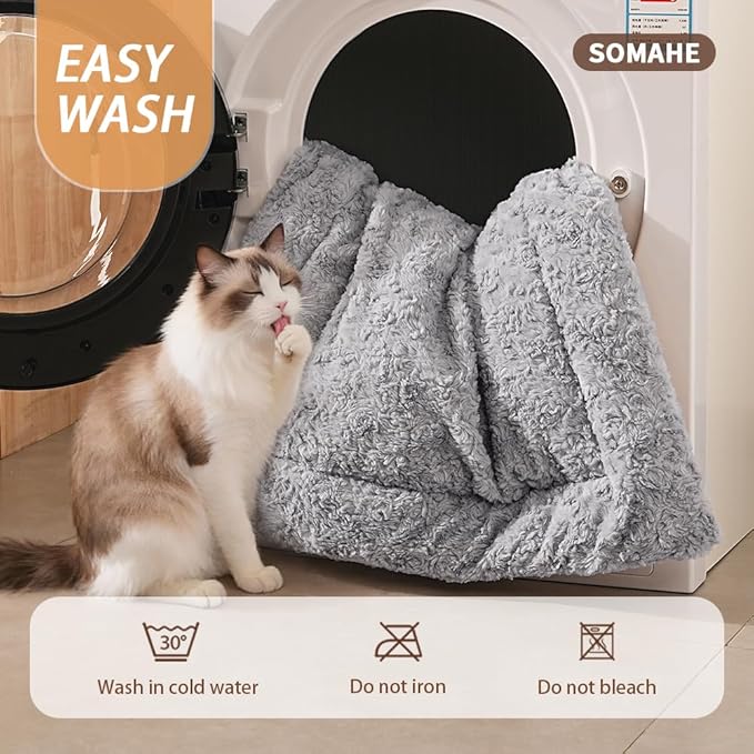 Self Warming Cat Bed Mat, Washable Self Heating Cat Mat, Extra Warm Thermal Pet Pad with Non-Slip Bottom, Soft Plush Faux Fur for Indoor Pet Sleep Cushion, 23x15 Inch Beige