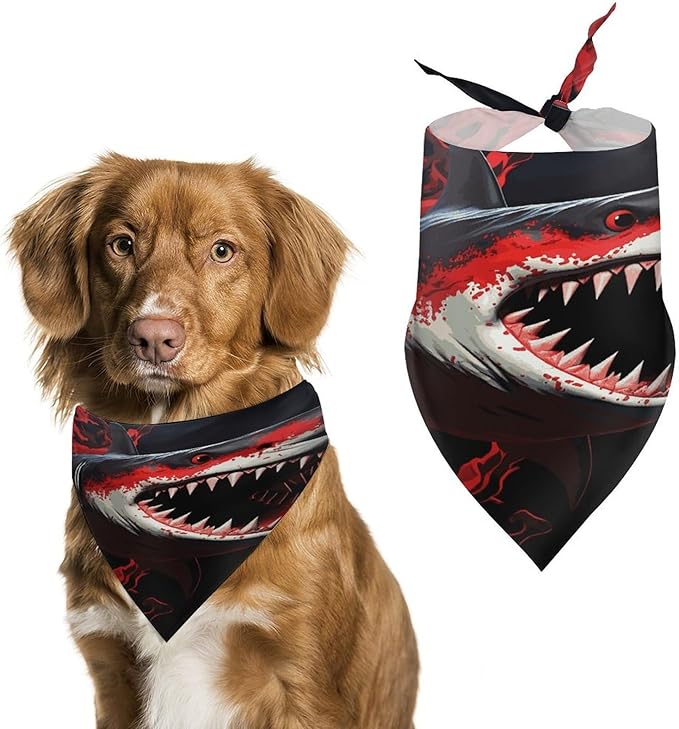 Dog Bandana Spring Pet Scarf Adjustable Triangle Red-Black Shark Printing Dog Bib Washable Polyester Puppy Bandana for Small Medium Large Dogs Cat Birthday Party Supplies
