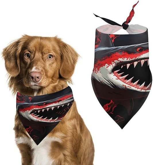 Dog Bandana Spring Pet Scarf Adjustable Triangle Red-Black Shark Printing Dog Bib Washable Polyester Puppy Bandana for Small Medium Large Dogs Cat Birthday Party Supplies