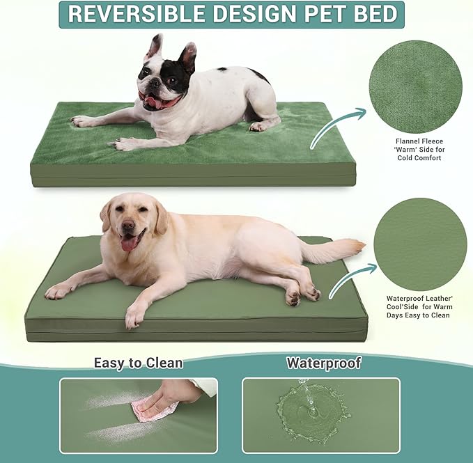 Outdoor Dog Beds Large Sized Dog Waterproof Washable, XL Leather Crate Pad 42 inch, Extra Large Orthopedic Foam Pet Bed with Removable Cover Reversible, Anti-Slip Kennel Pad, 41"x27", Green