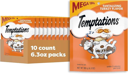 Temptations Cat Treats, Classic Crunchy and Soft Cat Treats, Tantalizing Turkey Flavor, 6.3 oz. Pouch (Pack of 10)