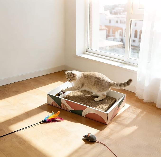Corrugated Cardboard Cat Scratcher Box with Bell Toy - Double-Sided Wear-Resistant Scratching Pad, Multi-Use Cat Bed & Scratch Mat, Mess-Free Safe Material for Indoor Cats