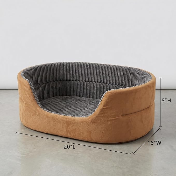 Small Dog Bed Cat Bed 16x20 Inch, Calming Pet Bed for Puppies, Teacup Dogs & Kittens, Half-Enclosed Open-Top Velvet Anti-Anxiety Bed, Machine Washable Cozy Snuggle Bed (Camel)