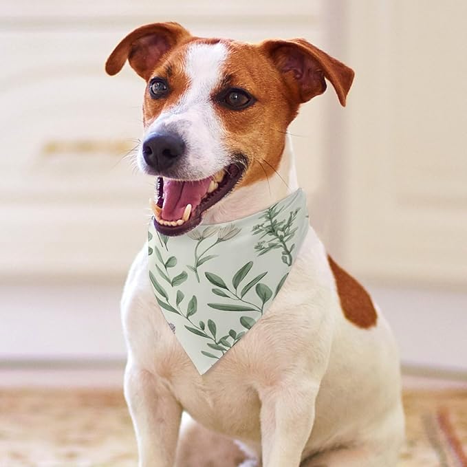 Dog Bandana Spring Pet Scarf Adjustable Triangle Green Flower Herb Sage Leaves and Branches Printing Dog Bib Washable Polyester Puppy Bandana for Small Medium Large Dogs Cat Birthday Party Supplies