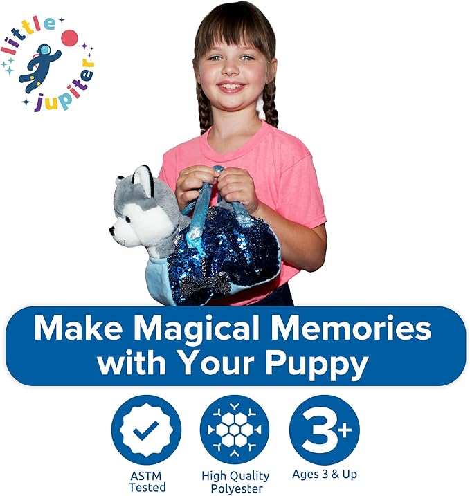 Little Jupiter Pet Plush Set with Purse w/Reversible Sequins & Charm - Stuffed Animal Toy for Kids Ages 3-7 Years - Stuffed Animal Purse - Stuffed Animals for Girls - (Husky Dog)