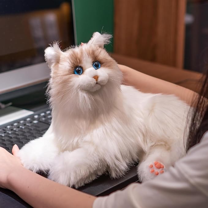 Chongker Interactive Companion Robot Cat Pets, White Cat Stuffed Animals with Small Scarf & Comb, Voice Response, Realistic Heartbeat, Purring Sounds, Gifts for Parents, Seniors, Adults