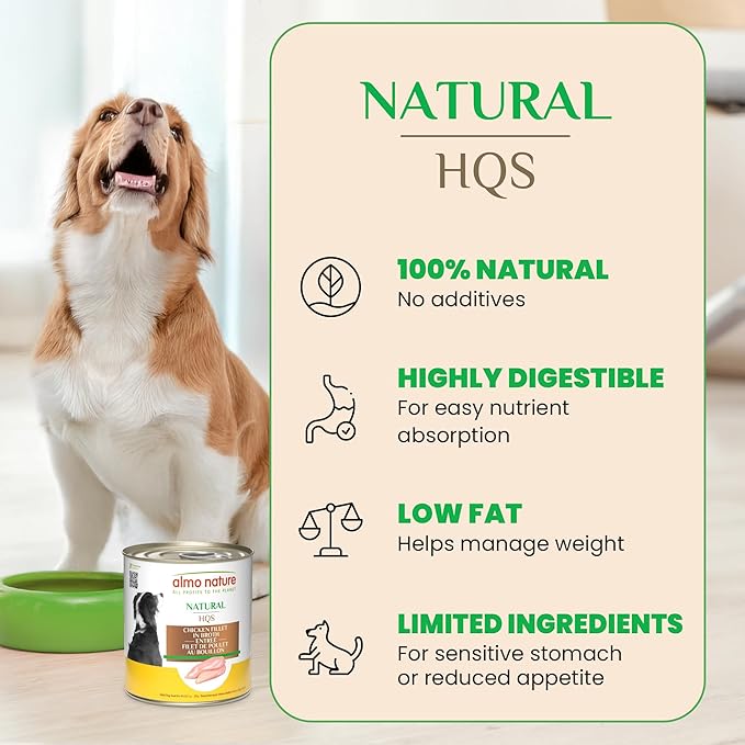 almo nature HQS Natural Chicken Fillet Entree in Broth, Gluten Free, Additive Free, Adult Dog Canned Wet Food, Shredded 12 x 280g/9.87 oz