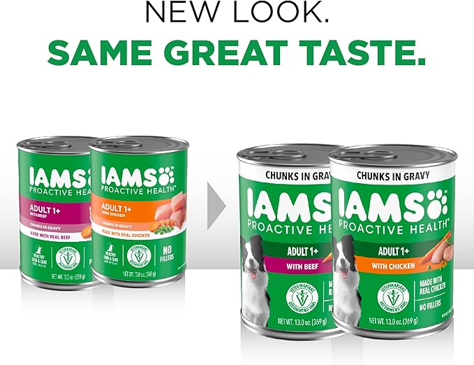 IAMS Proactive Health Adult Wet Dog Food Chicken Chunks in Gravy or Beef Chunks in Gravy, 13 oz. Cans (12 Count, Pack of 1)