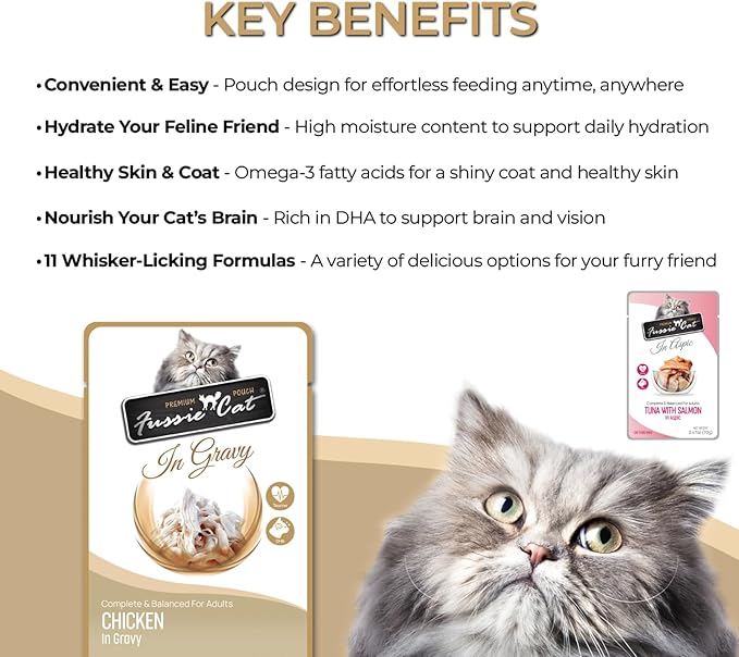 Fussie Cat Premium Wet Cat Food in Gravy and in Aspic, 2.47-oz Pouches, 10 Flavor Variety Pack+ lid