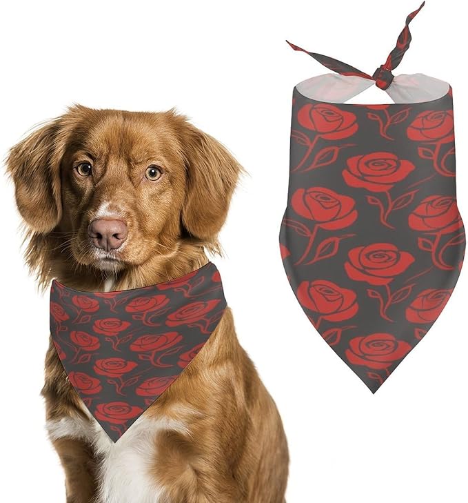 Dog Bandana Spring Pet Scarf Adjustable Triangle Red Rose Flowers Printing Dog Bib Washable Polyester Puppy Bandana for Small Medium Large Dogs Cat Birthday Party Supplies